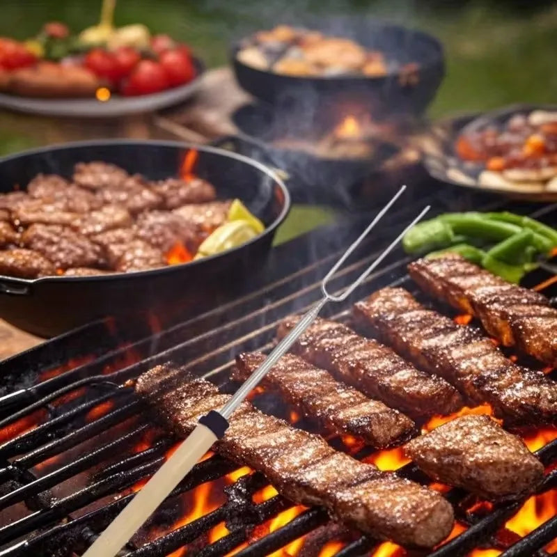 Outdoor Telescoping BBQ Fork Stainless Steel with Wooden Handle U-Shaped Hot Dog Skewer for Grilling Bonfire BBQ Use Vue