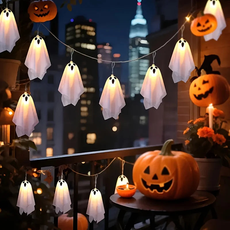 Spooky Ghost LED Garland String Lights, Halloween Hanging Fabric Decor Lights for Mantel Porch Haunted House Holiday Decoration Vue