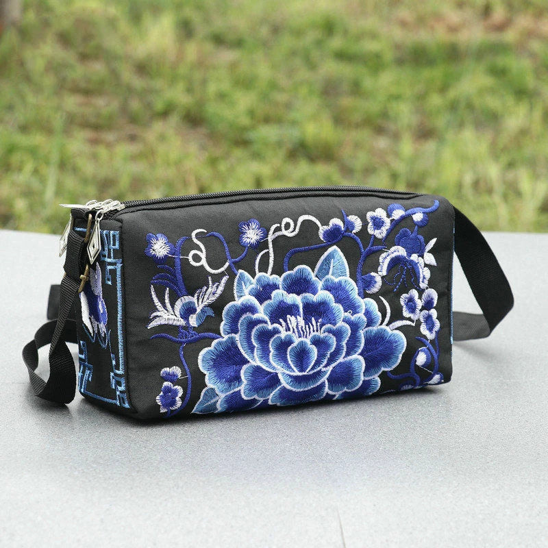 Women's Embroidered Flowers Canvas Shoulder Crossbody Bag Ladies