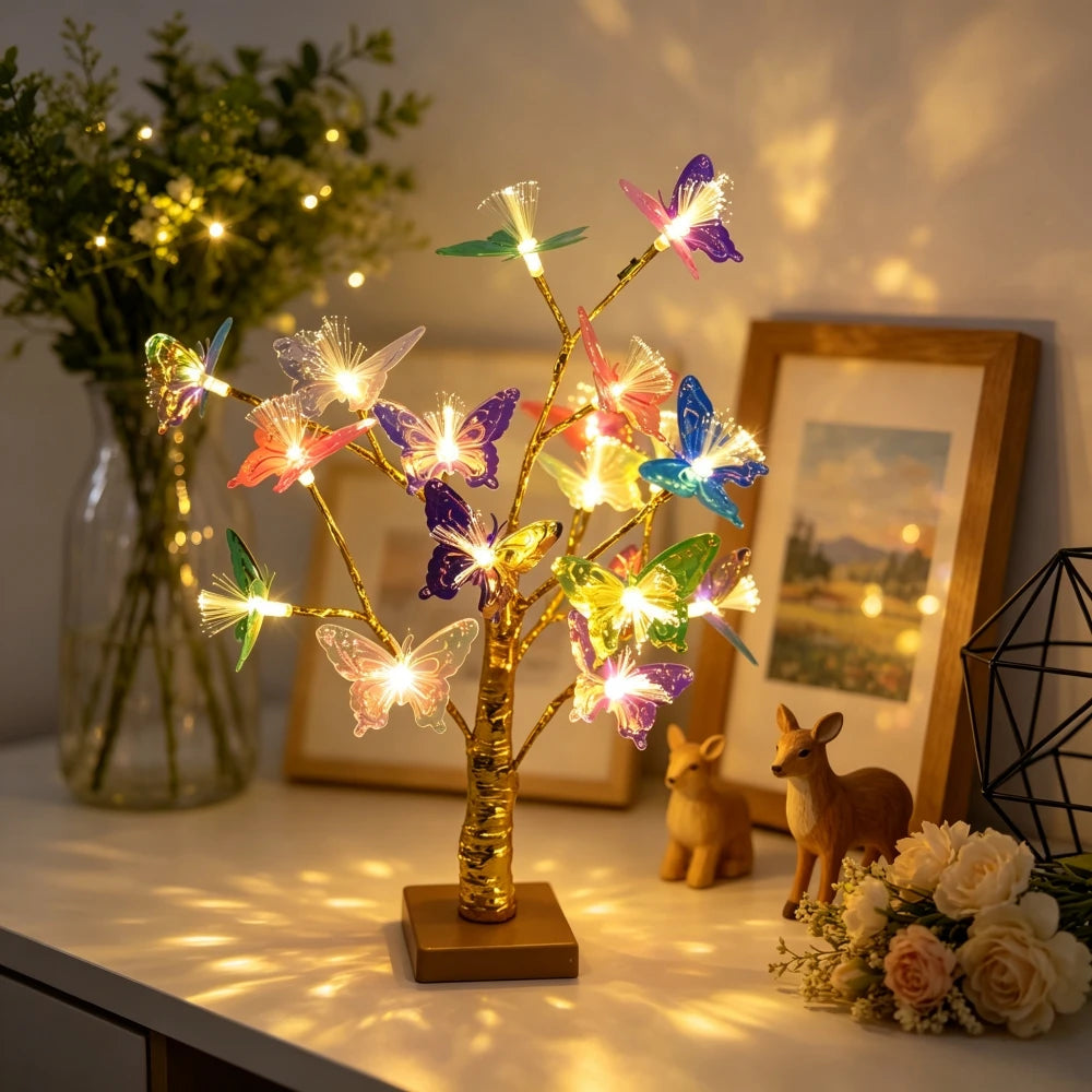 Golden Birch Tree LED Table Lamp with Fiber Optic Butterfly, Battery Powered Desktop Light for Bedroom Table Home Decor Vue