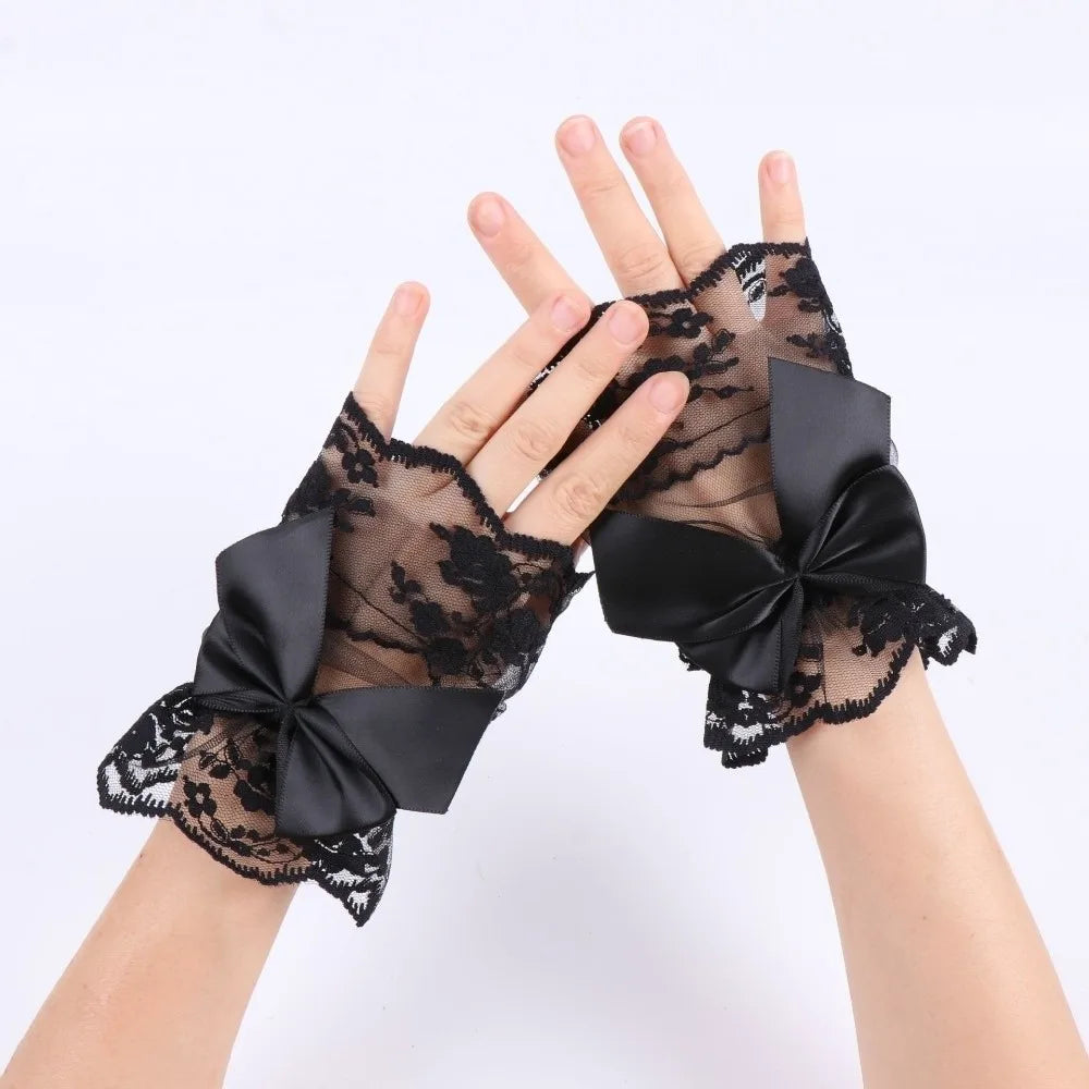 Lace Fake Sleeves Mesh Detachable Wrist Cuffs Bowknot Flower Short