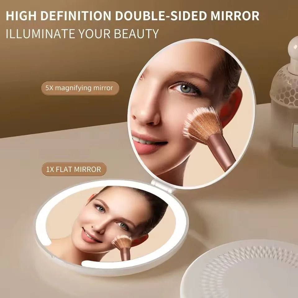 LED Light Cosmetic 2 Side Folding Makeup Compact Pocket Mirror Women Luminous Effect Pink White Mini Mirror Beauty Products Vue