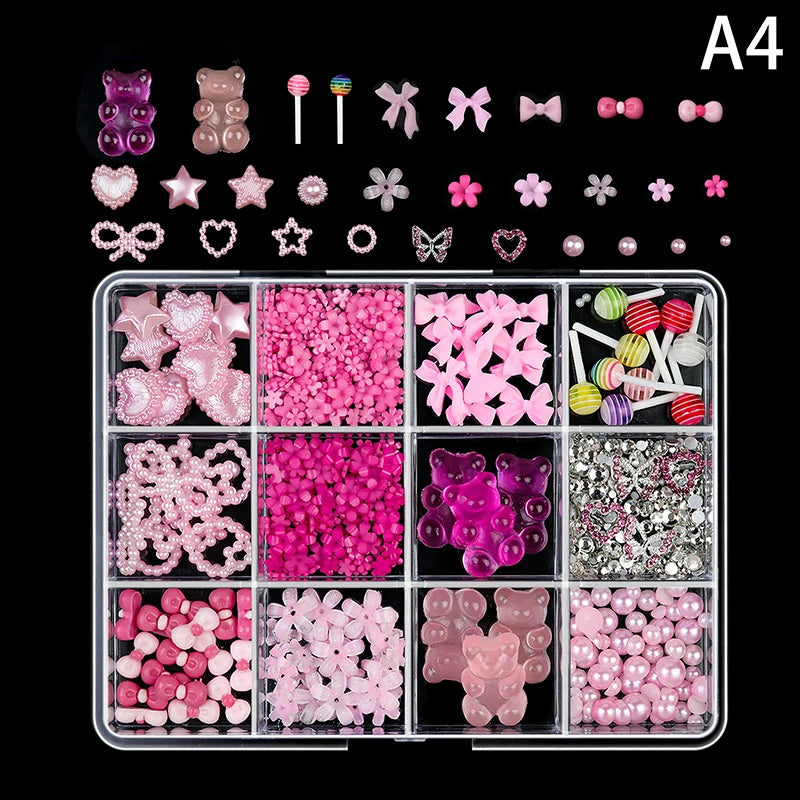 12/15 Grids/Box 3D Nail Art Decoration Kit With Resin Bowknot Pearls Heart & Assorted Shapes Kawaii Nail Charms DIY Manicure Art Vue A5