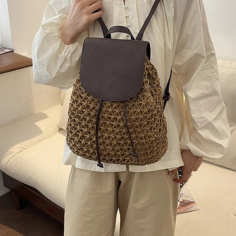 Vintage Straw Backpack Women's Fashion Shoulder Bag Versatile Woven