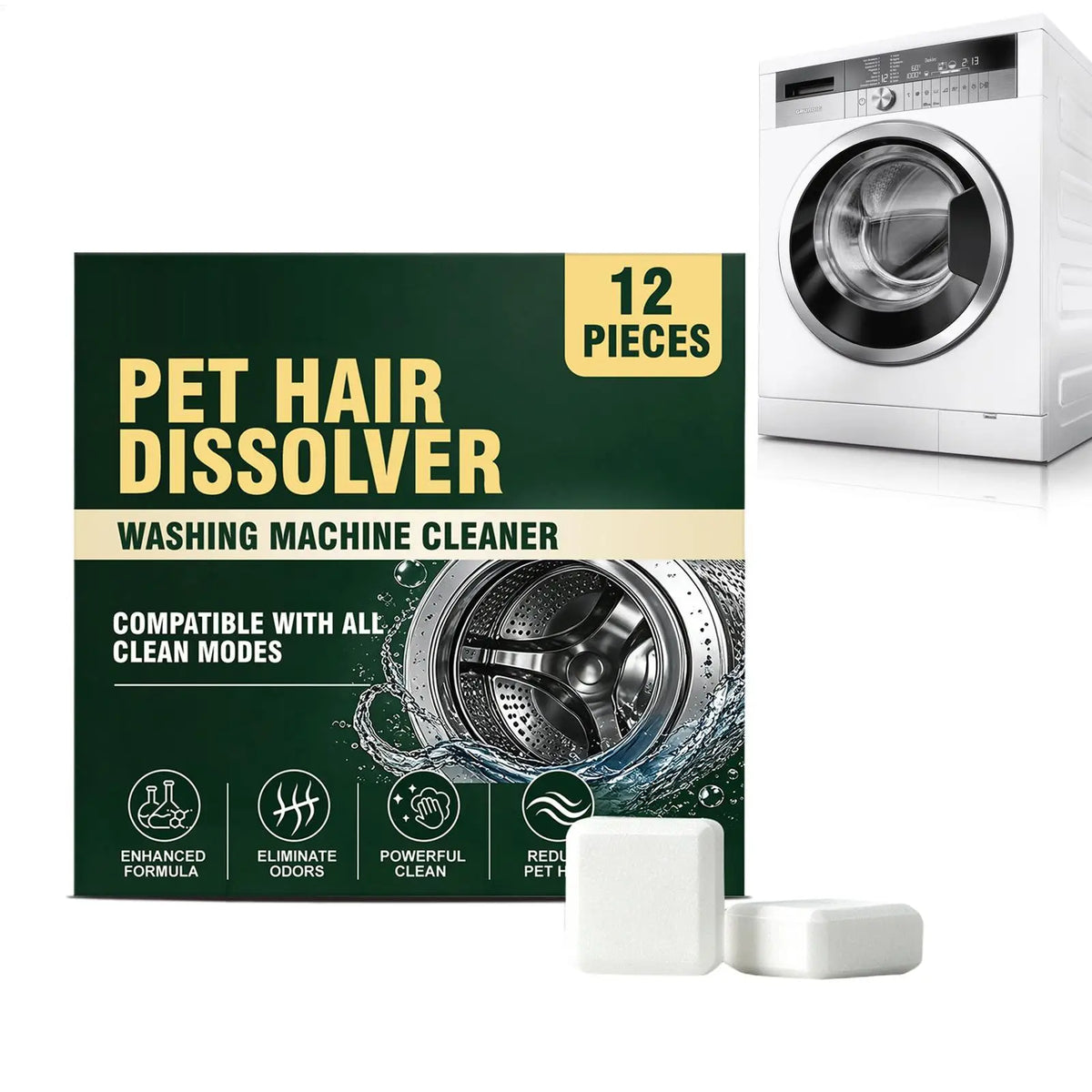 12 Pcs Pet Hair Dissolver Tablets, Washing Machine Cleaner Deep Cleaning, Powerful Laundry Appliance Descaling for Home Use Vue