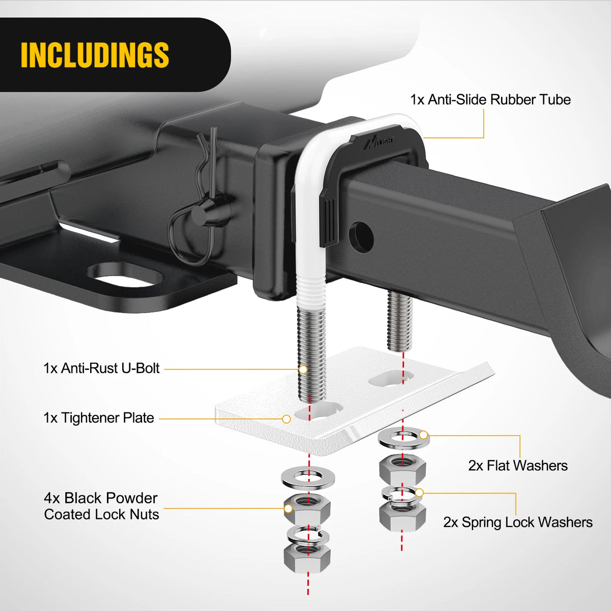 Nilight Trailer Hitch Tightener for 2 Inch Trailers Hitches Mount Anti Rattle Heavy Duty Steel with Rubber Cover White U Bolt Glossy Coating Plate Electrophoresis Anti-Rust Triple Protective Vue