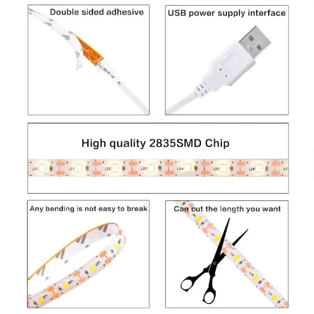 DC 5V LED Lights Strip 2835 Touch Switch Dimmer USB LED Tape Ribbon Flexible DIY Backlight Mirror Christmas Cabinet Room Decor Vue
