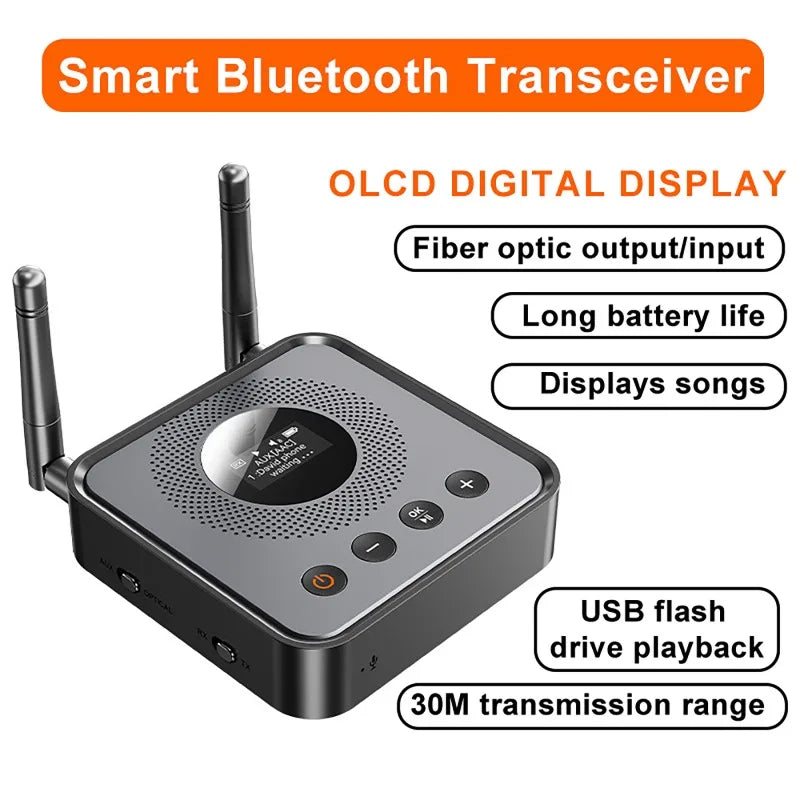 Bluetooth 6.0/5.2 Audio Receiver Transmitter with OLCD Digital Display USB Flash Drive & Wireless Music Playback Optical Output Vue