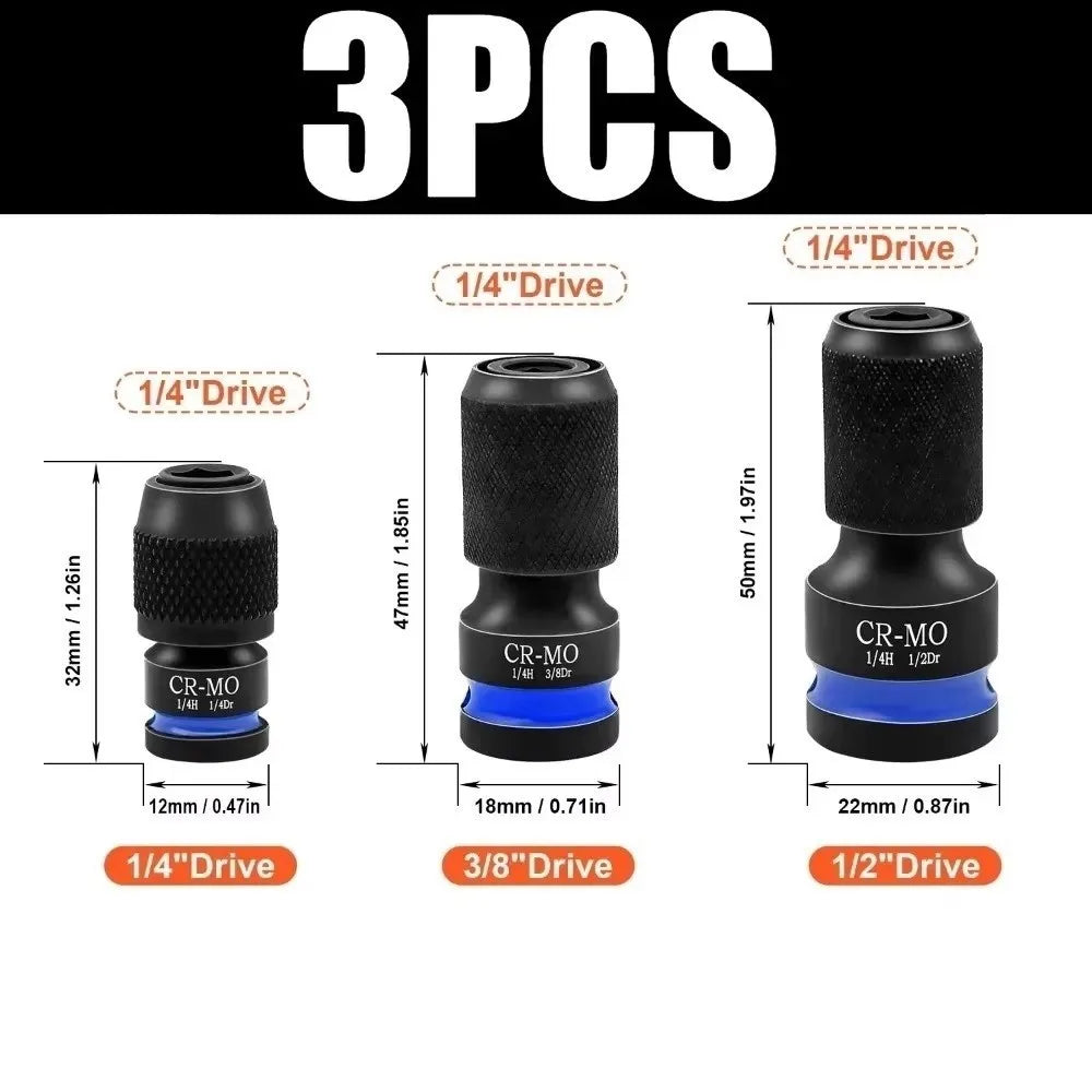 3Pcs 1/2 3/8 1/4-Inch Impact Hex Converter Impact Grade Quick Release Hex Socket Adapter Bolt Extractor Wrench Adapter Vue