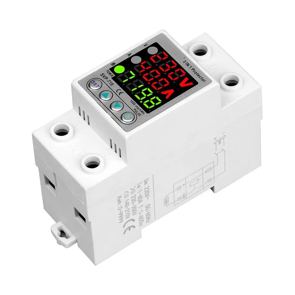 220V 40A/63A Adjust Voltage Relay Over Under Voltage Protector Over Current Limit Wattm KWH Energy Meter Power Charge Display Vue 40A