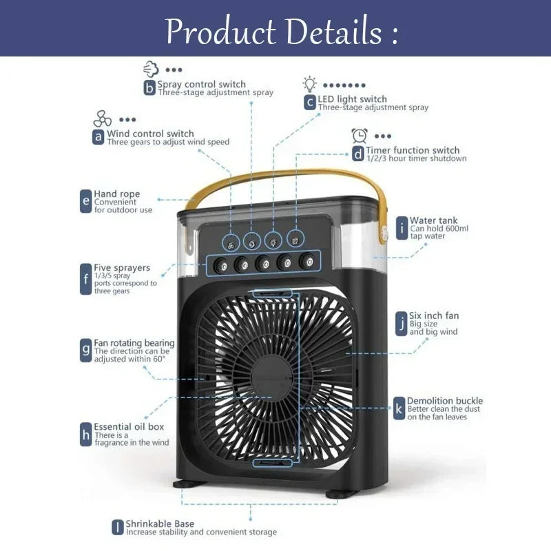 Portable 3 In 1 Fan AIr Conditioner Household Small Air Cooler LED Night Lights Humidifier Air Adjustment Home Fans Dropshipping Vue