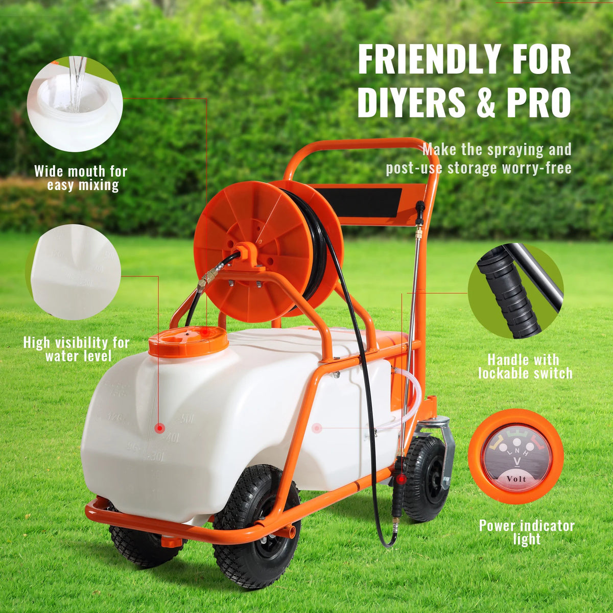 SucceBuy Battery Powered 15 Gal Garden Weed Sprayer with Wheeled Cart 126FT Hose with Reel 8 Nozzles 2 Wands with Lock for Crop Vue