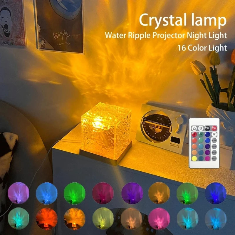 16 Colors Water Ripple Projector Dynamic Rotating LED Night Light with Remote Dimming Family Bedroom Romantic Ocean Decor Lamp Vue