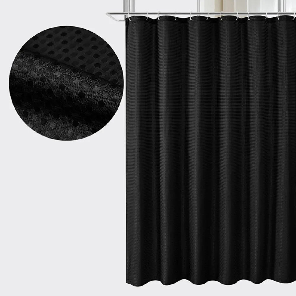 Waterproof Plain Waffle Shower Curtain Mildew-proof Solid Color Shading Curtain Polyester with Hooks Bathroom Partition Curtain Vue Black- 180-200cm