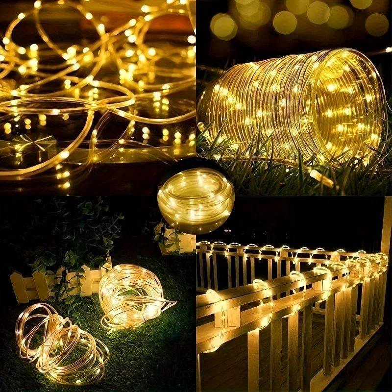 Solar Powered LED Rope Lights Waterproof Outdoor Glow Fairy Garland Lights for Garden Tree Patio Holiday Party Decoration Vue