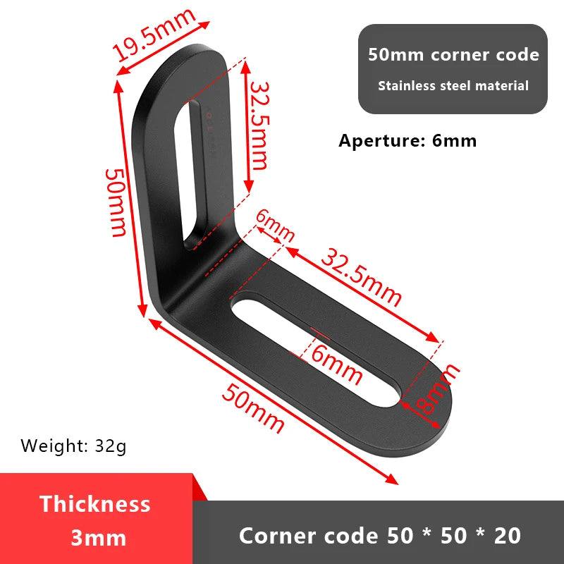 1PCS L-shaped Stainless Steel Adjustable Angle Code Long Hole Activity 90 ° Right Angle Furniture Fixer Shelf Bracket Connector Vue 2 Black