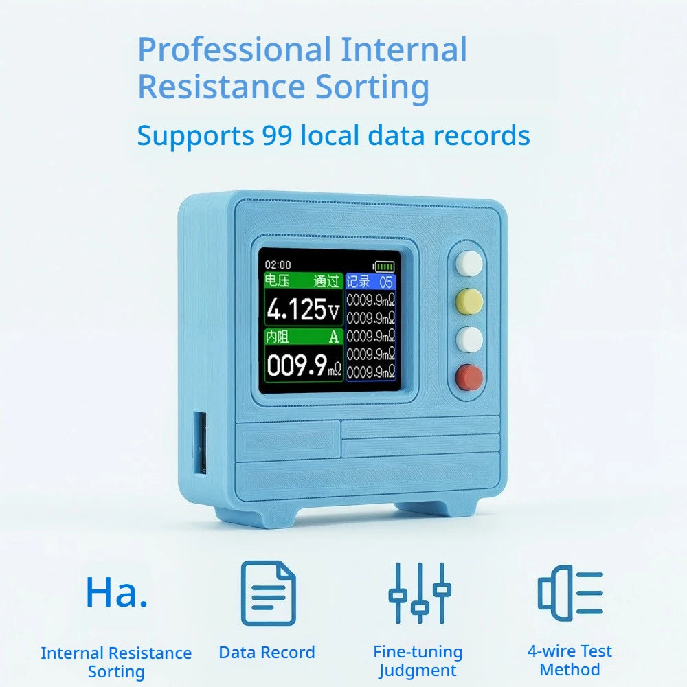 1.77 Inch Voltage Internal Resistance Tester AC 4-Wire Method Electronic Load Tester 0.001-60V 0.1m-6.999Ω 99 Groups Data Record Vue