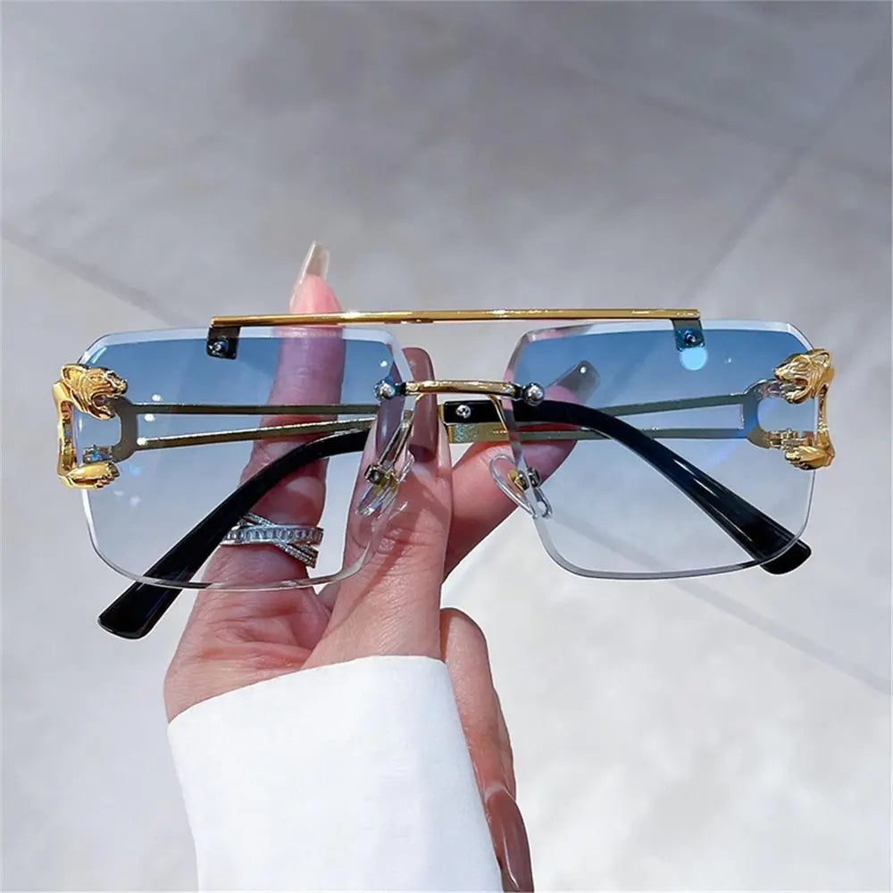 Retro Double Bridge Rimless Sunglasses Metal UV400 Cheetah Decor Sun