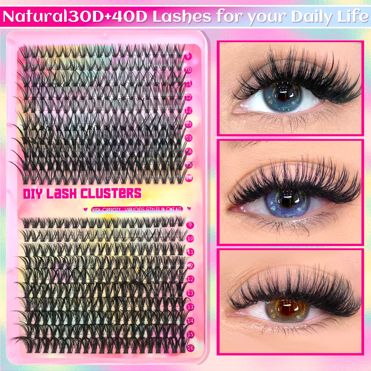False eyelashes Clusters Natural Thick Volume eyelashes Extension Kit - High-Capacity Individual Lashes with Applicators Vue