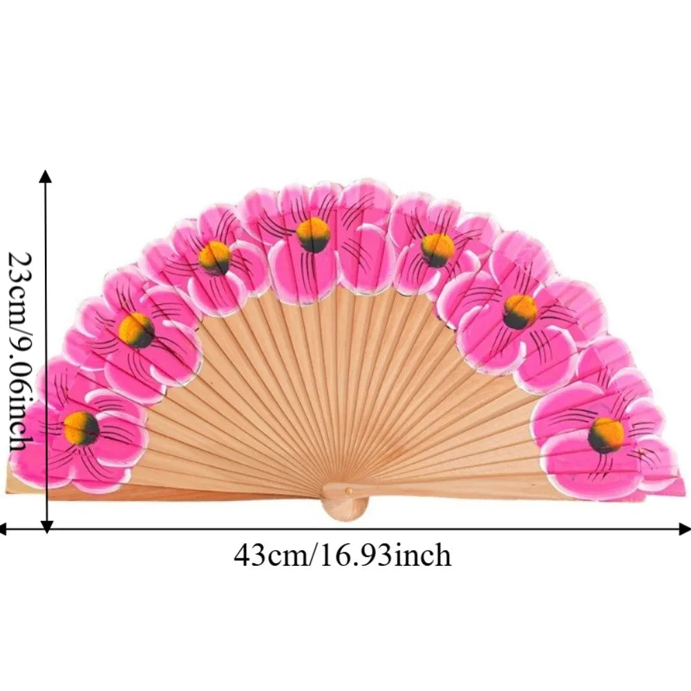 Wooden Folding Fan Hand-Painted Pattern Handmade Cheongsam Dance Fan Chinese Style Classic Handheld Fan Photography Prop Vue