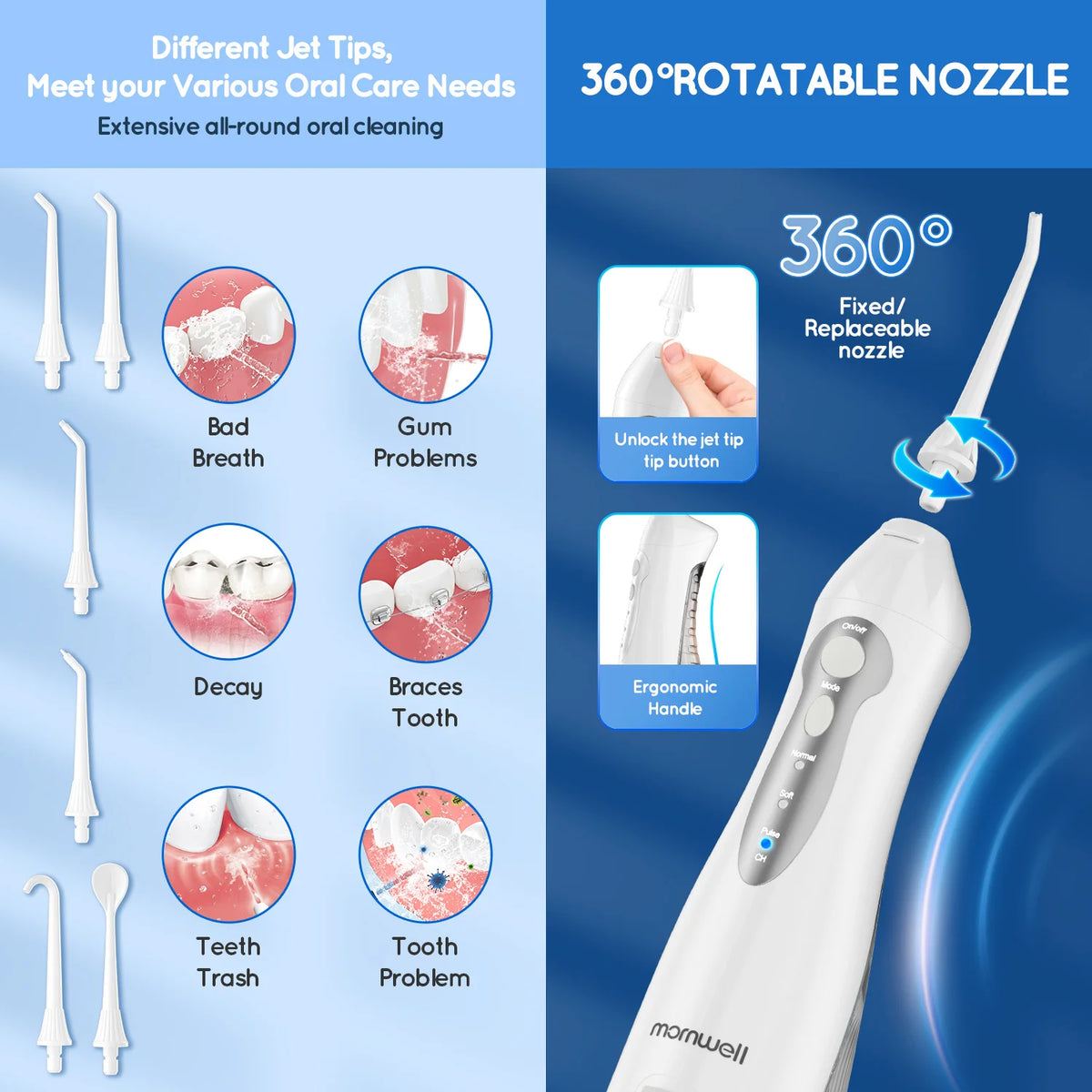 Mornwell Portable Water Flosser for Teeth: 3 Modes Professional Electric Flosser Teeth Pick for Sensitive Gums & for Travel Use Vue