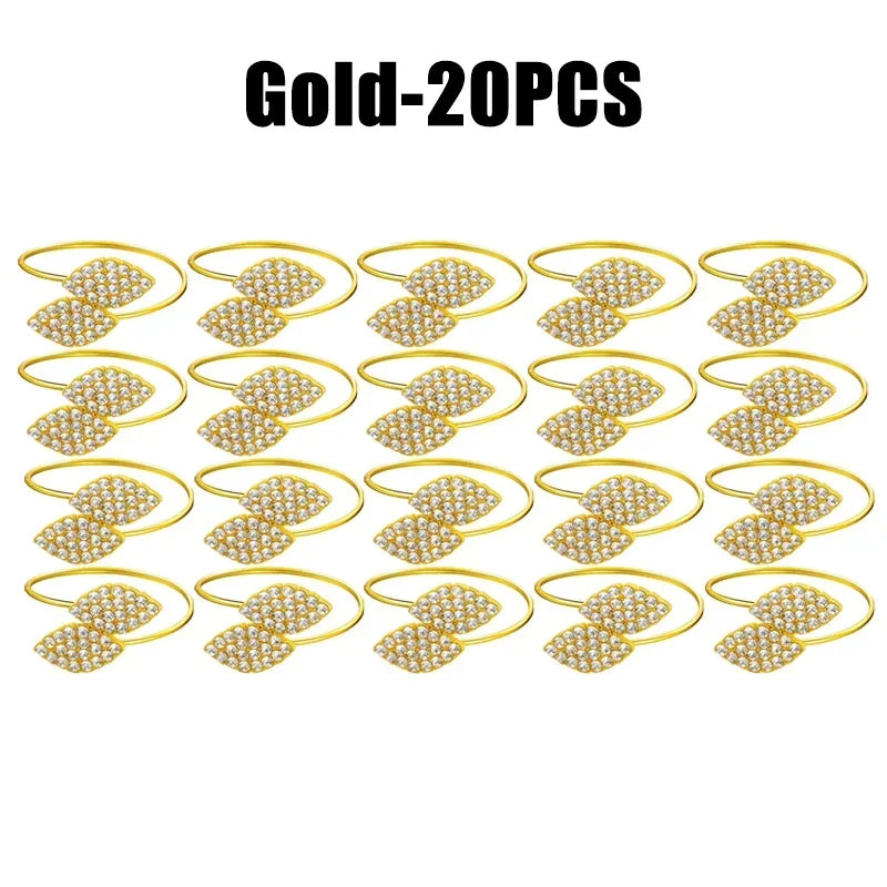 1-20PCS Two Leaf Clover Shape Napkin Rings DIY Wedding Party Hotel Banquet Table Napkin Holder Decoration Accessory Rustic Vue Gold-20PCS