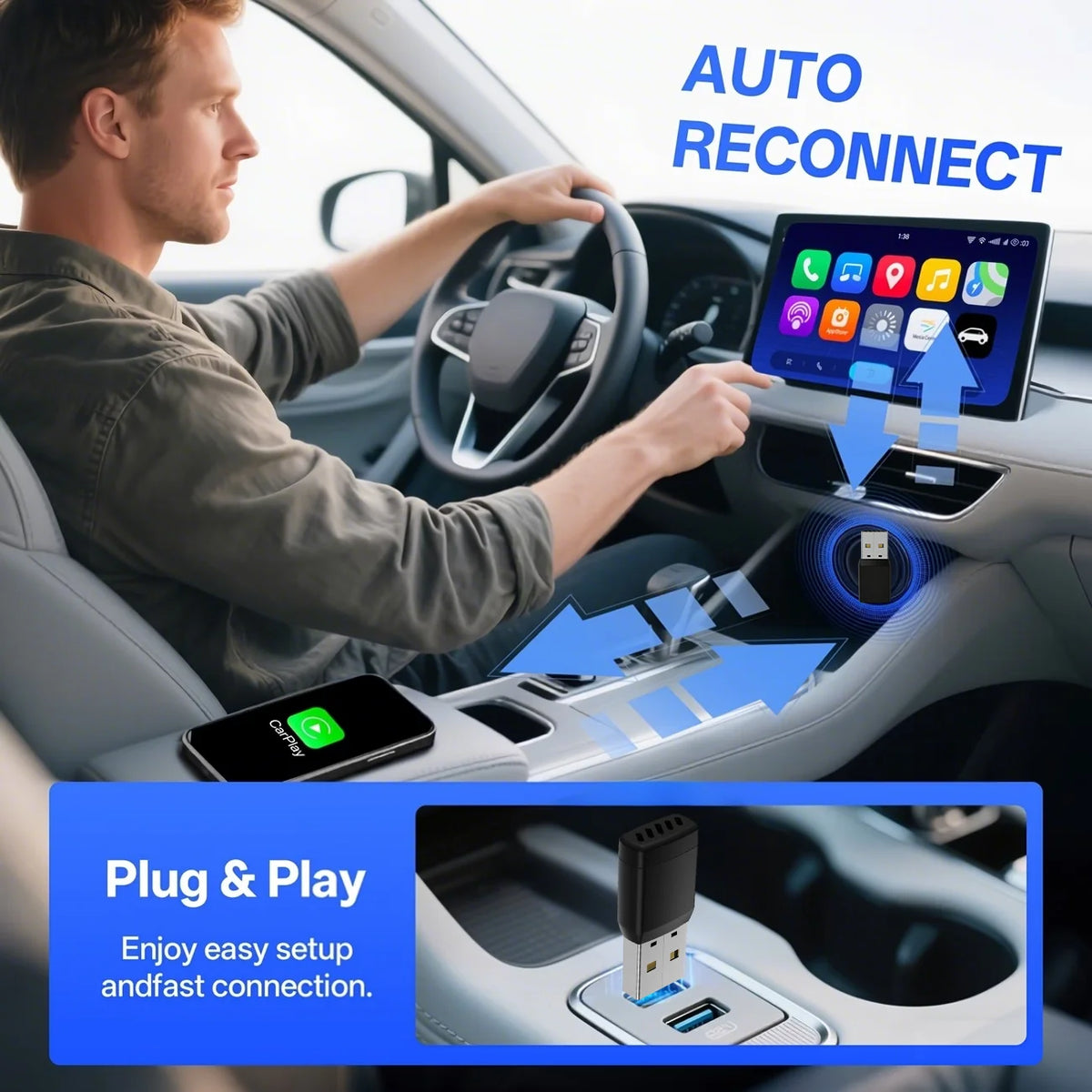 2026 2-in-1 Wireless CarPlay Adapter, Plug & Play, Auto Connect, Zero Latency, Compatible with Apple & Android Vue