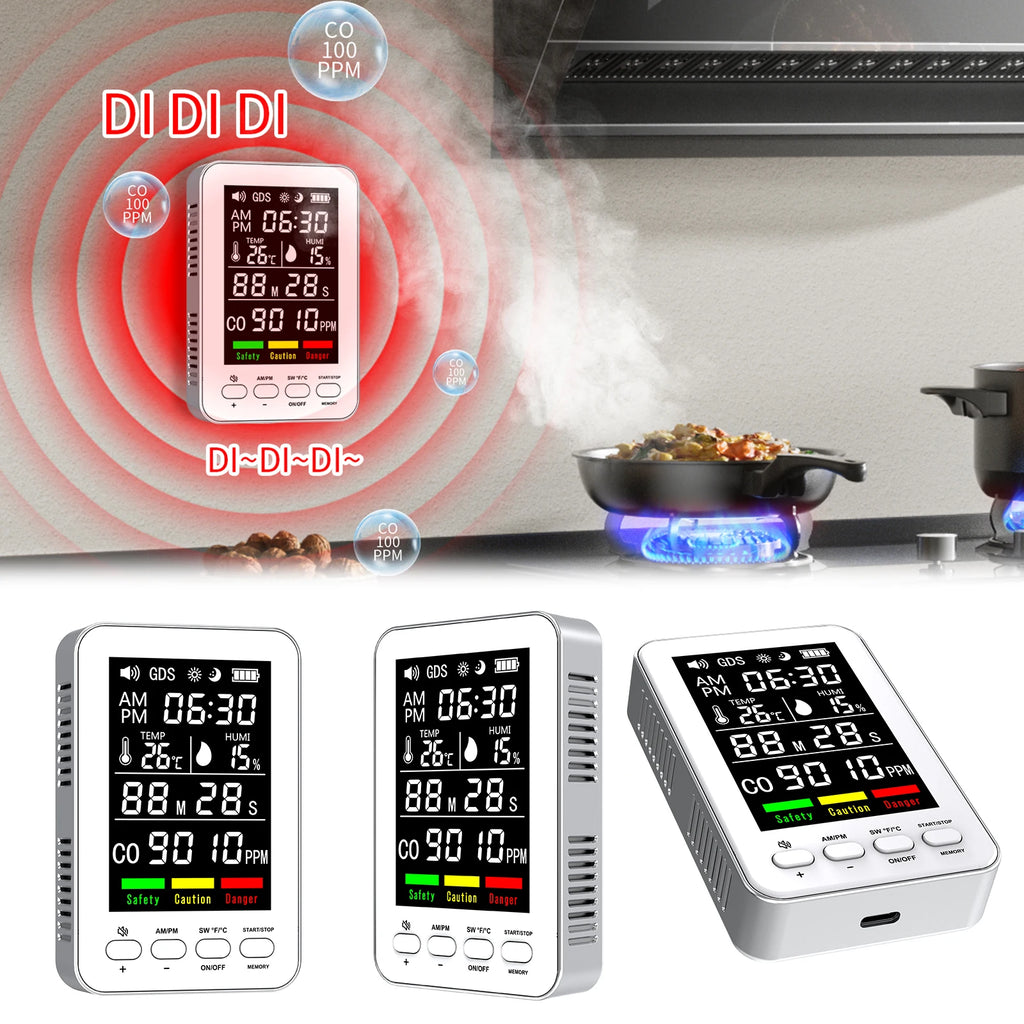 5-in-1 Portable CO Detector | Temperature & Humidity Display CO Detector Alarm Vue