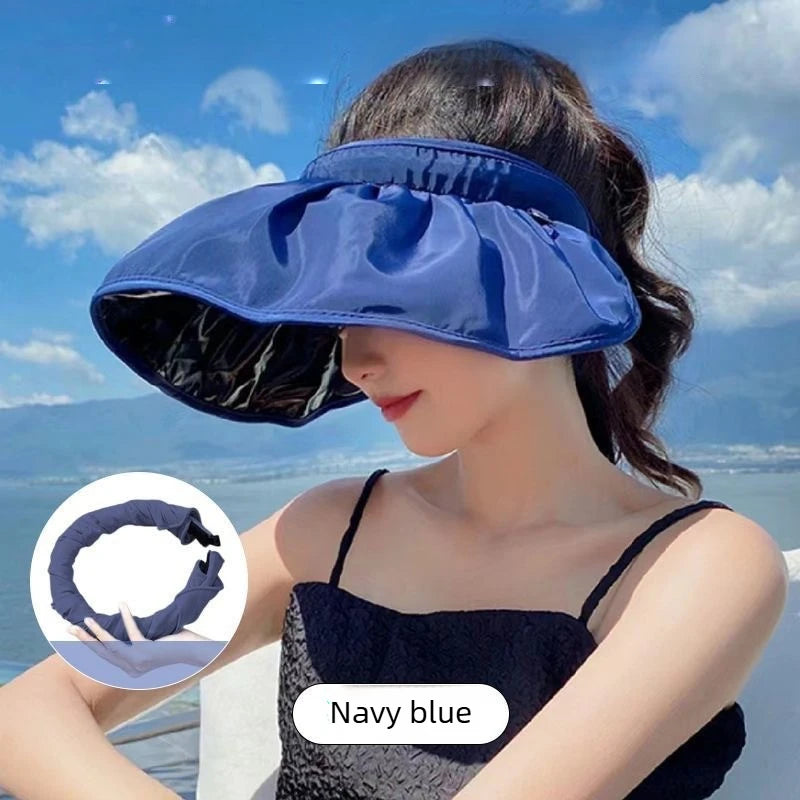 Foldable Sun Hat for Women Summer Wide Brim Breathable Polyester Beach Cap Convertible Headband Outdoor Travel Hat Vue Navy 1PC