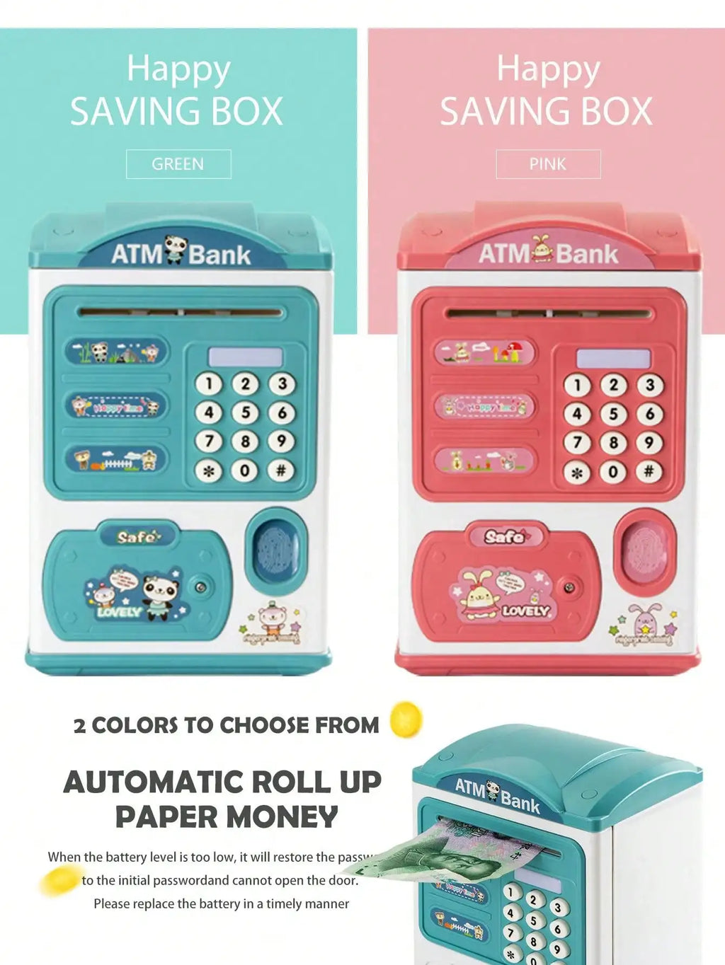 Piggy Bank with Lights, Music, and Password Unlock; Coin Storage and Electric Banknote Feeder Children's Toy Vue