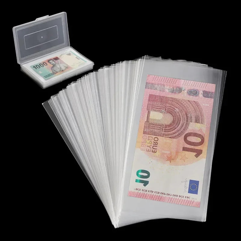 100pcs Clear Paper Money Sleeves Currency Sleeves and Holder Money Collection PVC Page of Paper Money Coin Album Holders Box Vue