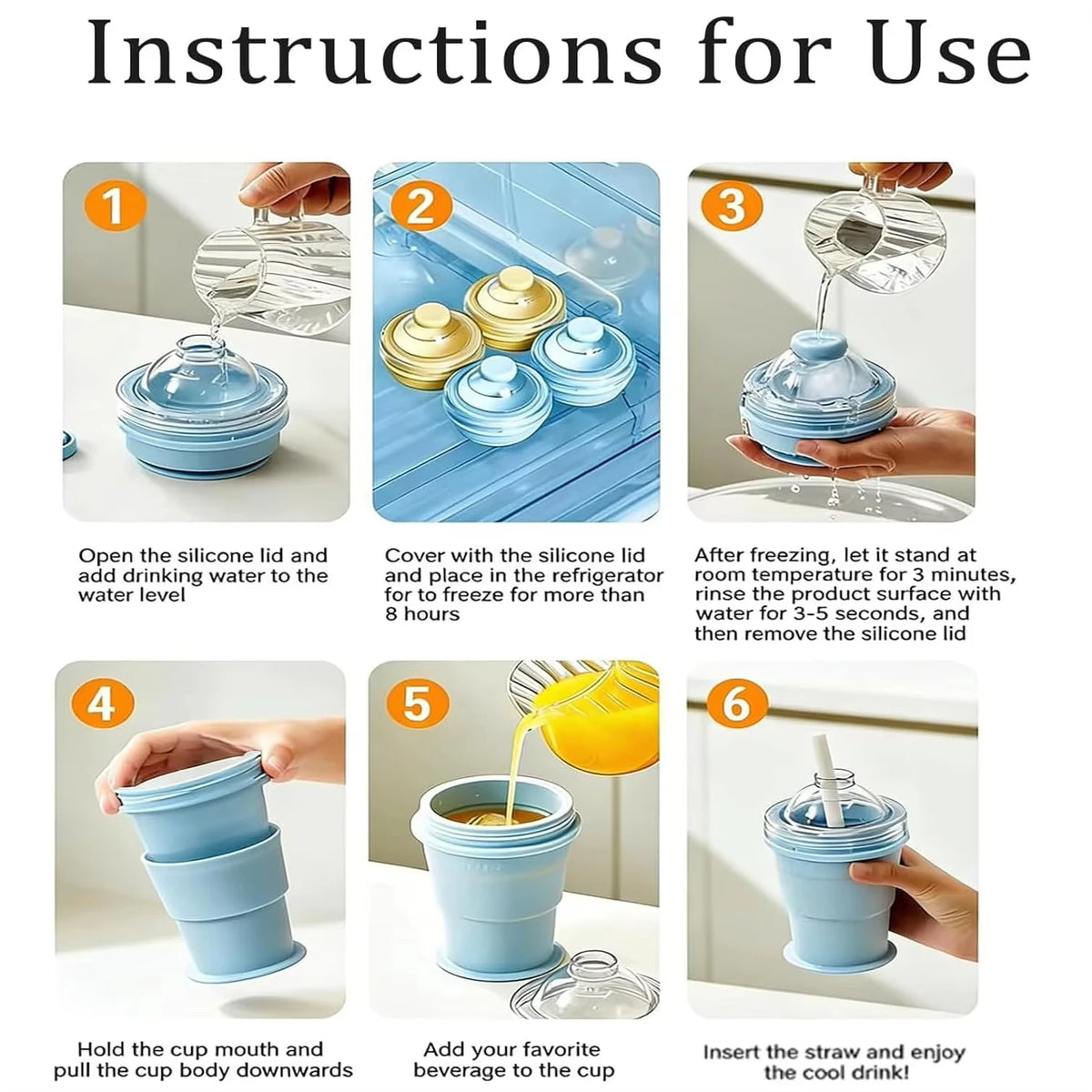 2-in-1 Collapsible Silicone Ice Ball Cup Reusable Portable Ice Sphere Mold with Straw Lid for Coffee Juice Drinks Vue