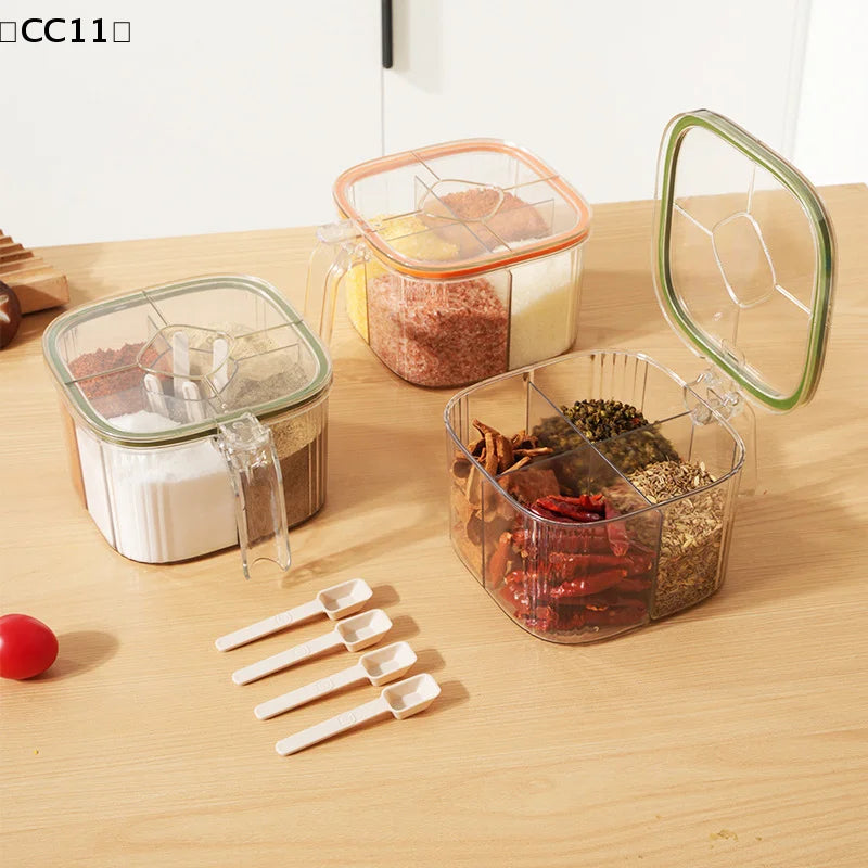 4 Grids Salt Pepper Seasoning Box Transparent Lid Spice Jar Chili