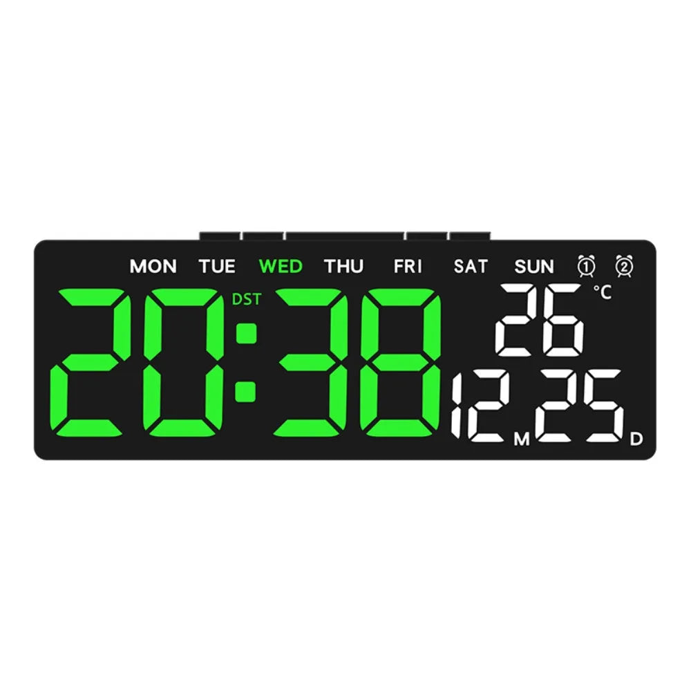 12/24H Format LED Electronic Clock 2 Alarms 3 Levels Brightness Alarm Clock Temperature Display Auto-Dimmer Large Digital Clock Vue Black Green