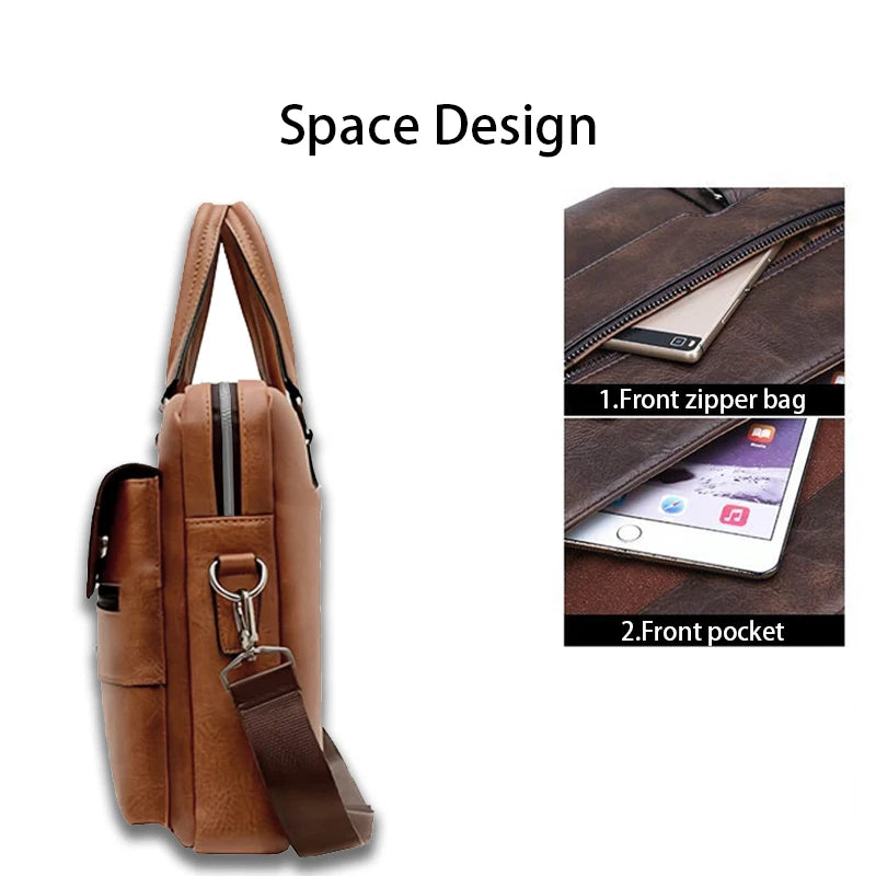 Fashion Vintage Business Handbag Multi-zip Pocket Leather Briefcase