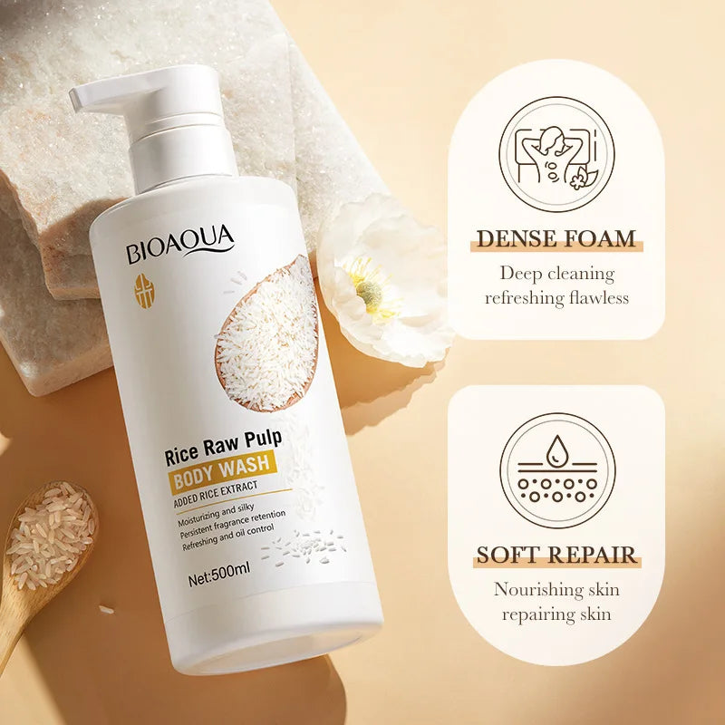 Rice Raw Pulp Body Shower Gel 500ml, Hypoallergenic and Moisturizing, Refreshing Oil Control, Long-Lasting Light Fragrance, Suitable for All Light Beige Skin Types and Sensitive Skin, Easily Removes Oil and Dirt, Daily Nouris Vue
