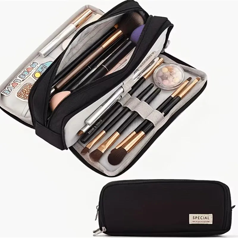 Double Sided Makeup Brush Holder Nylon Cosmetic Tools Pouch for Brushes Lipsticks Beauty Tools with Elastic Loops & Mesh Pockets Vue