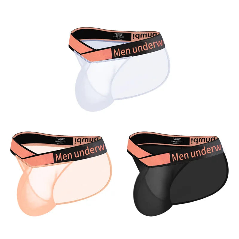 Laser Big V Waist Sexy High Fork Men's Underwear Ice Silk Transparent Low Waist Sports Hip Lift U Convex Men's Briefs Vue M Beige 3pcs