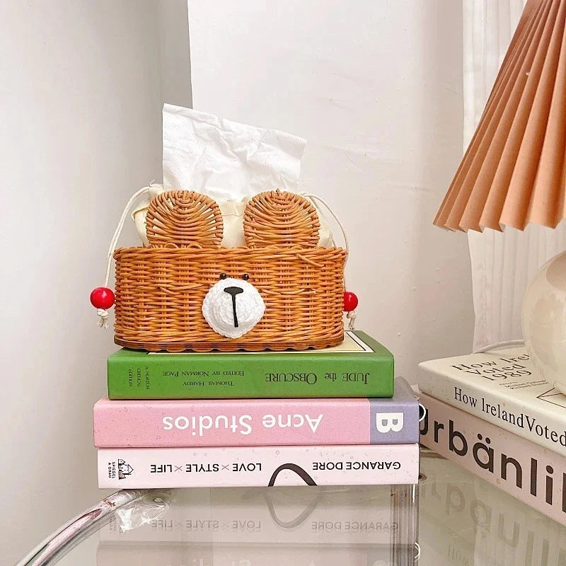 Rattan Woven Tissue Box Holder Cute Bear Napkin Small Desktop Storage Basket For Home Table Decor Kids Birthday Gift Vue