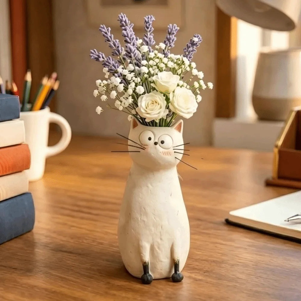 Unique Whimsical Cat Vases Handmade Resin Cat Shaped Flower Vase Aesthetic Animal Sculpture Quirky Cat Planter Gift for Lovers Vue