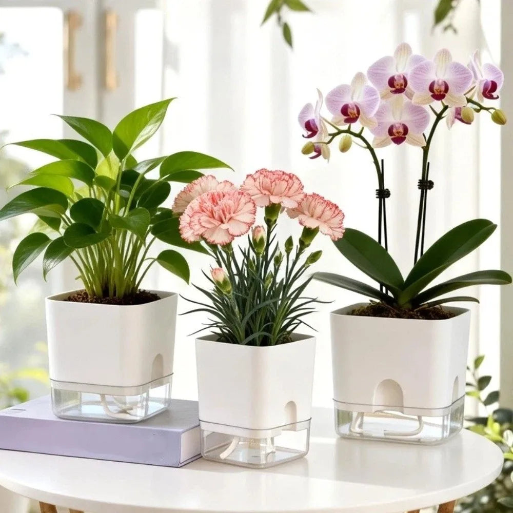 Easy Care Square Shape Self Watering Plant Pots Drainage Hole Patchwork Plant Pots 2-Layer Design Plastic Flower Planters Office Vue