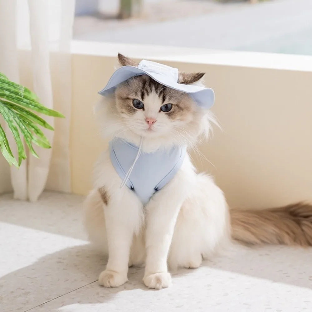 Breathable Pet Sun Protection Clothes with Sun Hat Letter Print Cat Cooling Vest Thin Reflective Trim Pet Sleeveless Hoodie Vue
