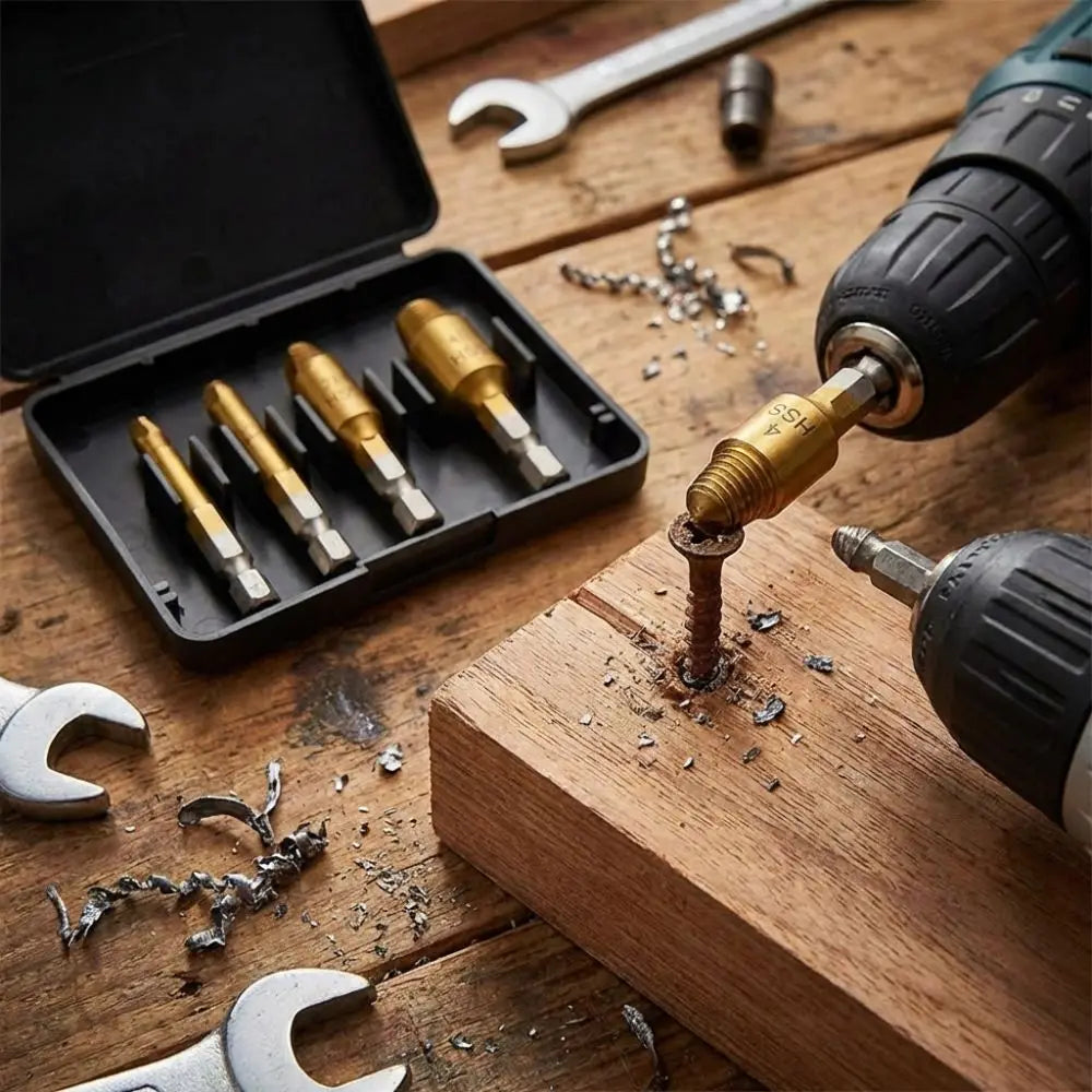 Titanium Coated Screw Extractor Set Hex Shank Hardened Steel Easy Out Drill Tool Universal Tool 5 Pieces Set Vue