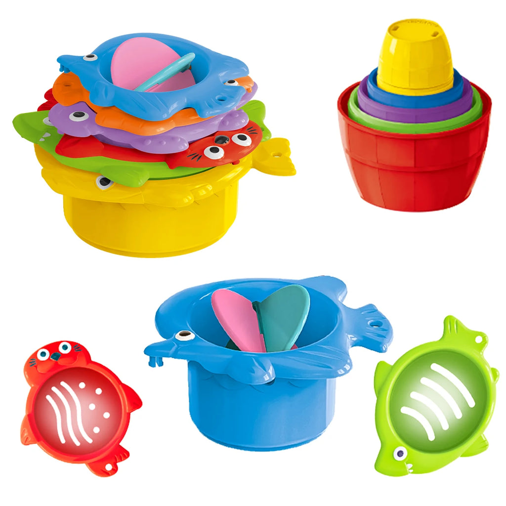 Toddler Stacking Bath Toys, Random Colors Cups Basket Summer Water Bathroom Beach Game Gifts for Boys and Girls Some Part Random Vue