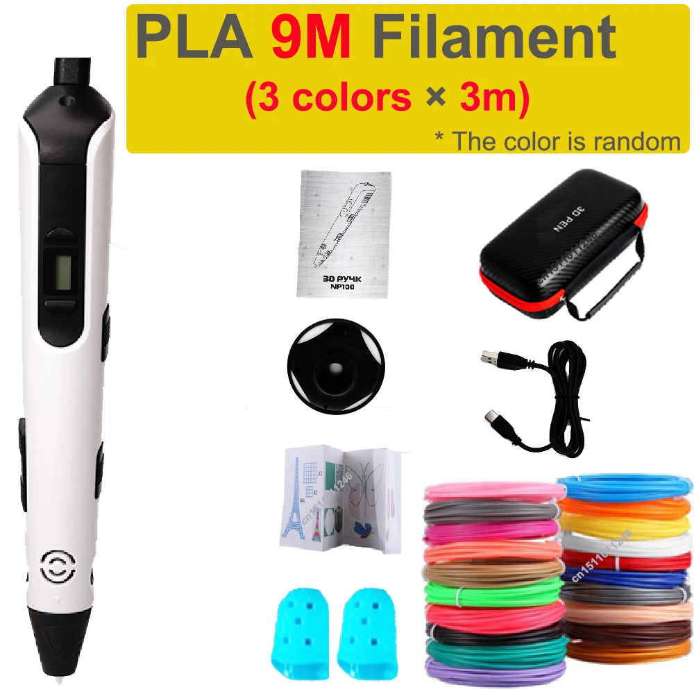 Electronic 3D Printing Pen Kids 1.75mm PLA Filament Graffiti Tool DIY Drawing 3D Pen Children Boys Girls Birthday Holidays Gift Vue White with 9M PLA