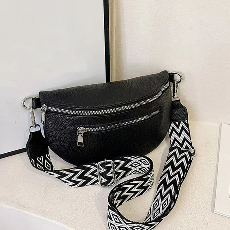 Glam Everyday Crossbody Chest Bag Solid Black Leather Fanny Decor