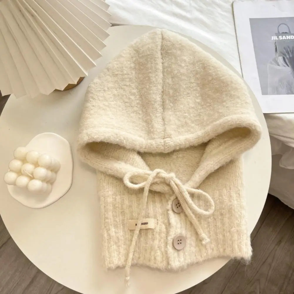 Rosepink Soft Woolen Head Ears Neck Knitted Hat Winter Fashion Hat Scarf One-piece Women Warm Protection Earmuff Hood Bib Cover Vue