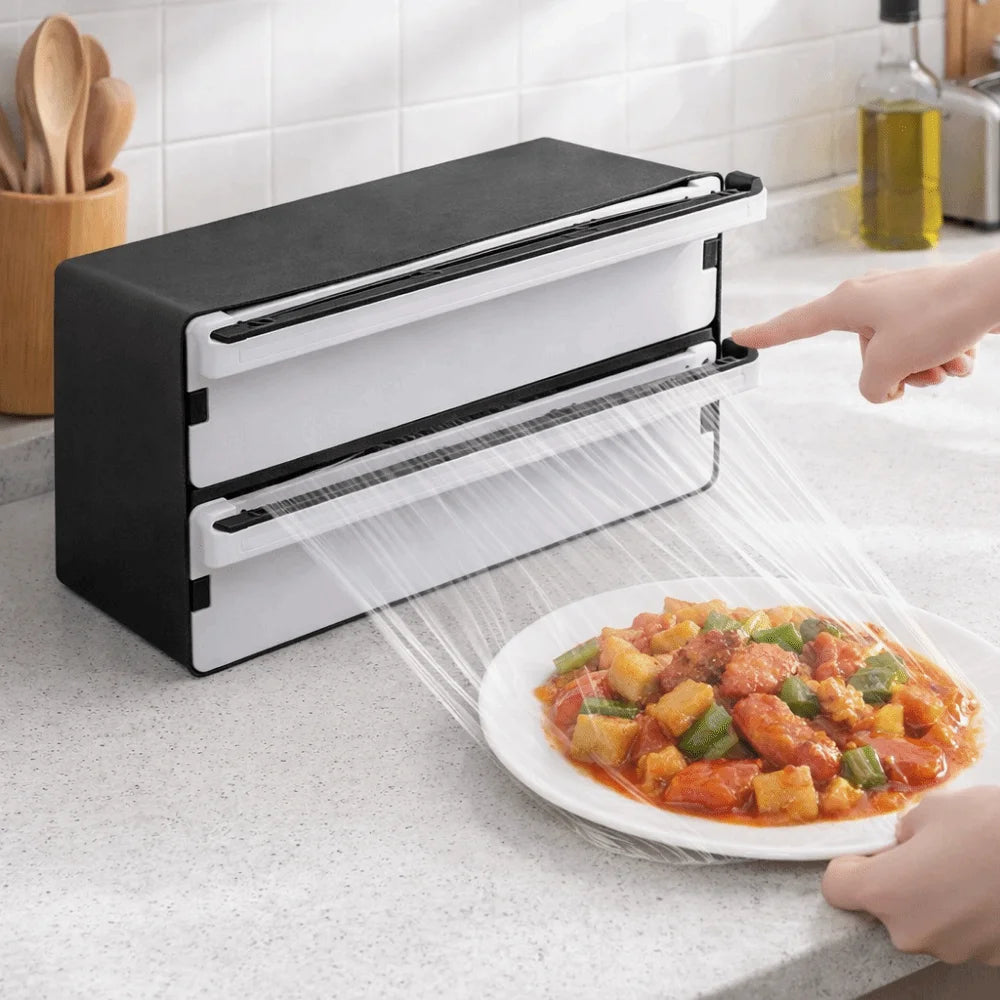 2 in 1 Food Film Dispenser Cutter Plastic Refillable Cling Film Cutter Wrap Organizer Safety Aluminum Foil Cutting Machine Vue