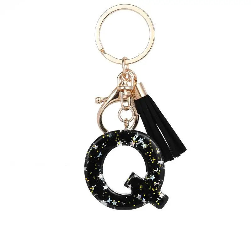 Black Glitter Star Sequins Resin 26 Letters Keychain Initials A-Z Keyring Tassel Charm Accessories Backpack Hanging Decoration Vue Q