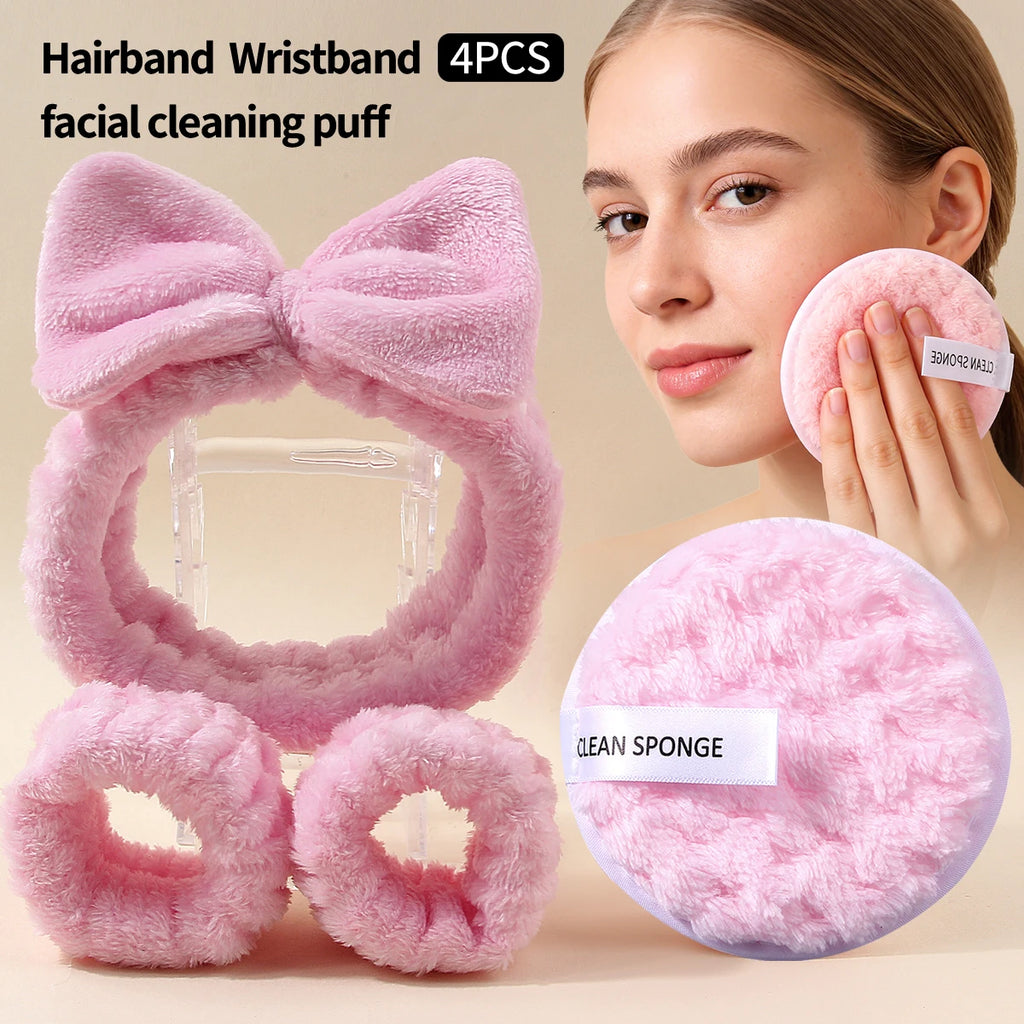 Hot Sale 4PCS Pink Plush Skincare Set, Bow Headband + Wristbands + Cleansing Sponge for Face Washing & Makeup Removal Vue